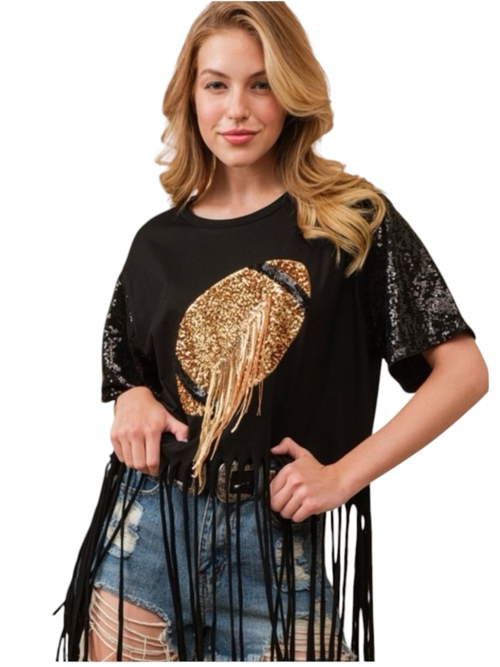 NEW Blue B. Black & Gold Sequin Fringe Football Black Cropped Tee T-Shirt NFL L